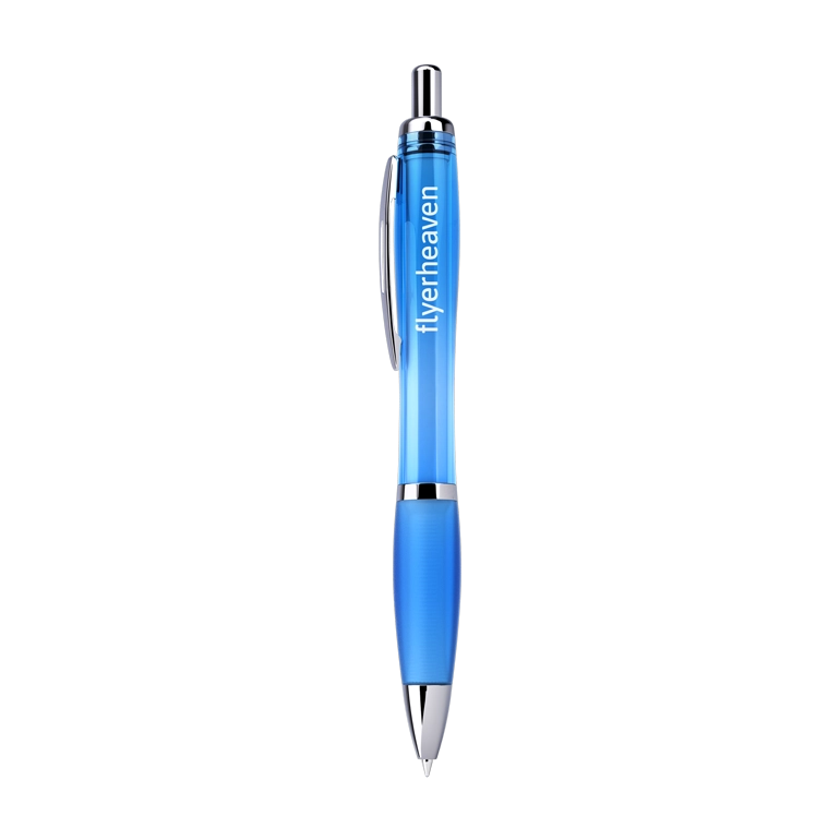 Druckkugelschreiber mit transparentem Kunststoffgehäuse und Metallclip hellblau Bedruckter Druckkugelschreiber mit transparentem Kunststoffgehäuse und Metallclip hellblau