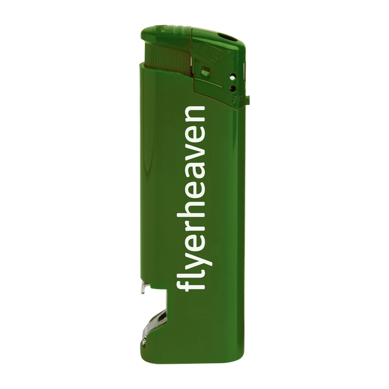 Feuerzeuge mit Flaschenöffner in grün Feuerzeuge mit Flaschenöffner und individualisiert mit Logo in grün