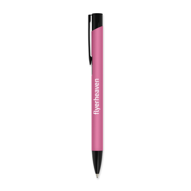 Kugelschreiber aus Metall mit Softtouch Oberfläche und schwarzem Clip in der Farbe rosa mit Logo Kugelschreiber aus Metall mit Softtouch Oberfläche und schwarzem Clip in der Farbe rosa mit Logo