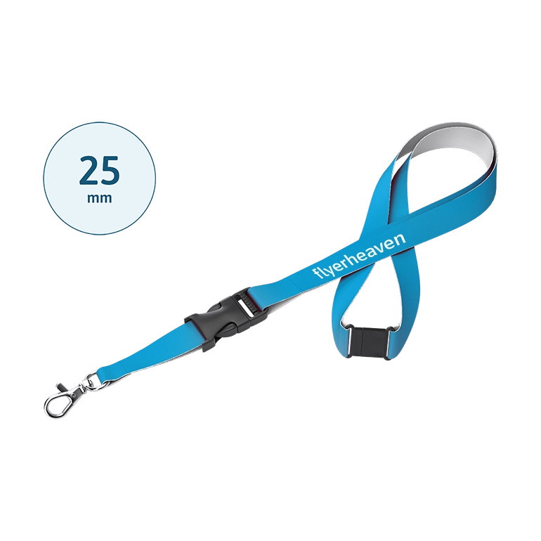 Lanyard mit Steckschnalle und Sicherheitsverschluss im Nacken mit Bandbreite 25 mm Bedrucktes Lanyard mit Steckschnalle und Sicherheitsverschluss im Nacken mit einer Bandbreite 25 mm