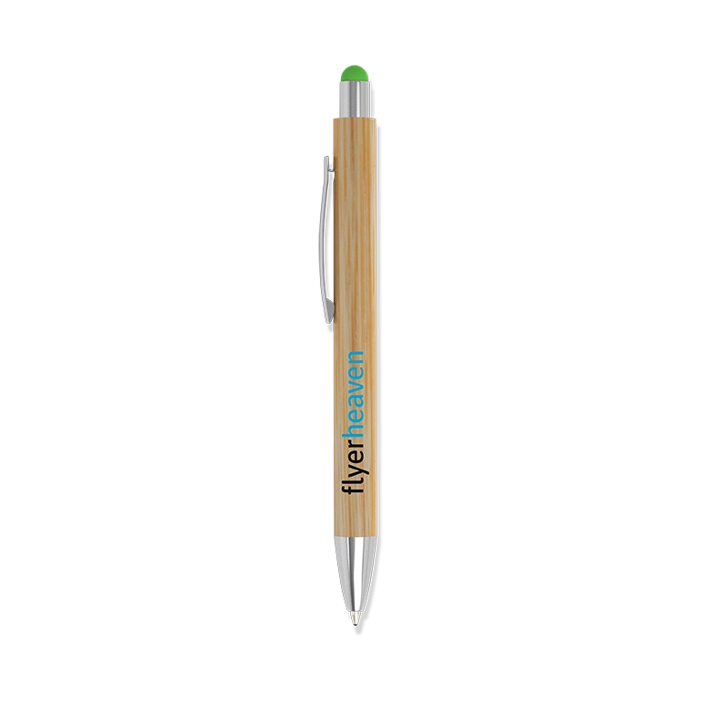 Bambuskugelschreiber mit Metall-Elementen und Touchpen in grün Bambuskugelschreiber mit Metall-Elementen, Logo und Touchpen in grün