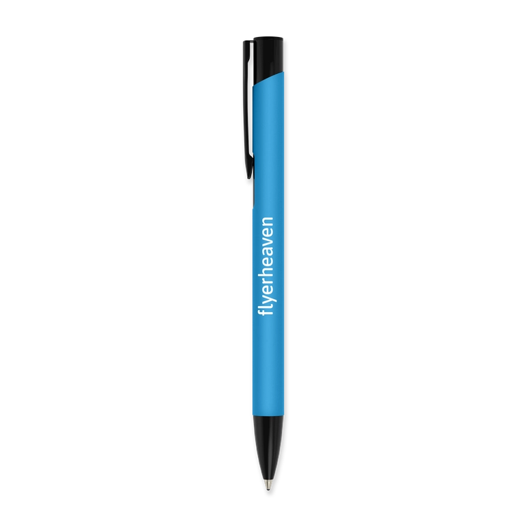 Kugelschreiber aus Metall mit Softtouch Oberfläche und schwarzem Clip in der Farbe hellblau mit Logo Kugelschreiber aus Metall mit Softtouch Oberfläche und schwarzem Clip in der Farbe hellblau mit Logo