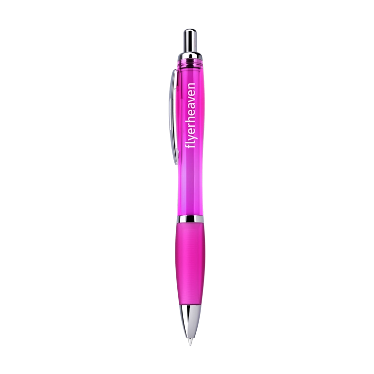Druckkugelschreiber mit transparentem Kunststoffgehäuse und Metallclip pink Bedruckter Druckkugelschreiber mit transparentem Kunststoffgehäuse und Metallclip pink