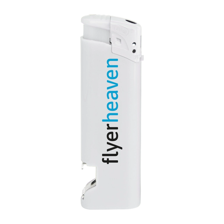 Feuerzeuge mit Flaschenöffner und in weiss Feuerzeuge mit Flaschenöffner und individualisiert mit Logo in weiss