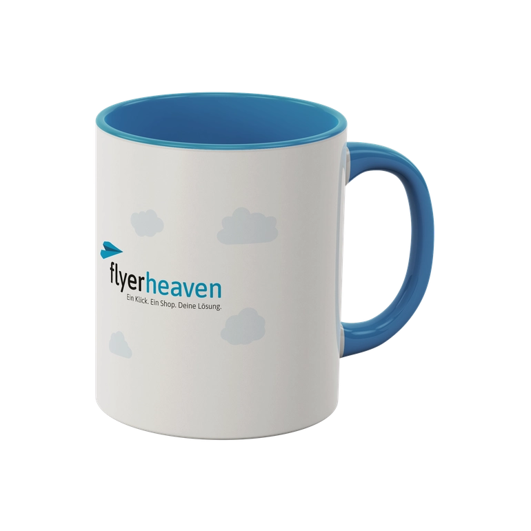 Weiß/blaue Tasse mit Fotodruck Bedruckte weiß/blaue Tasse mit Fotodruck