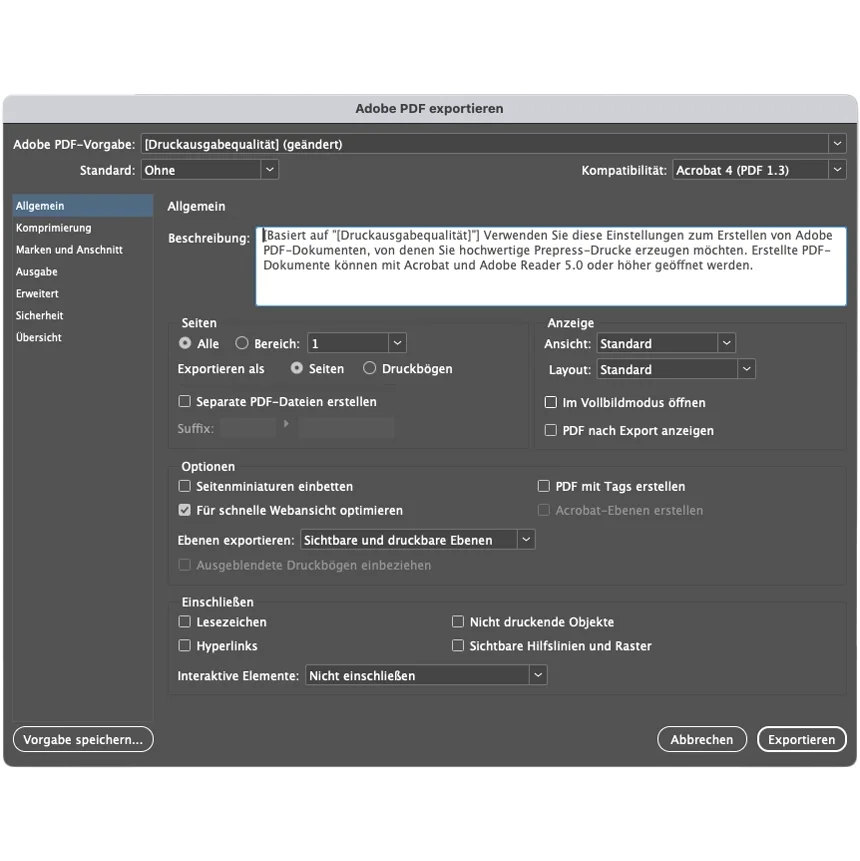 Allgemeine Exporteinstellung InDesign Fenster zu allgemeinen Exporteinstellungen einer Adobe PDF.