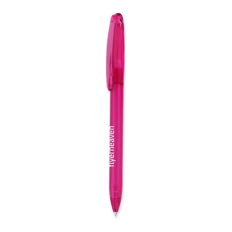Drehkugelschreiber in Frozen-Optik mit transparentem Gehäuse in pink Bedruckter Drehkugelschreiber in Frozen-Optik mit transparentem Gehäuse in pink