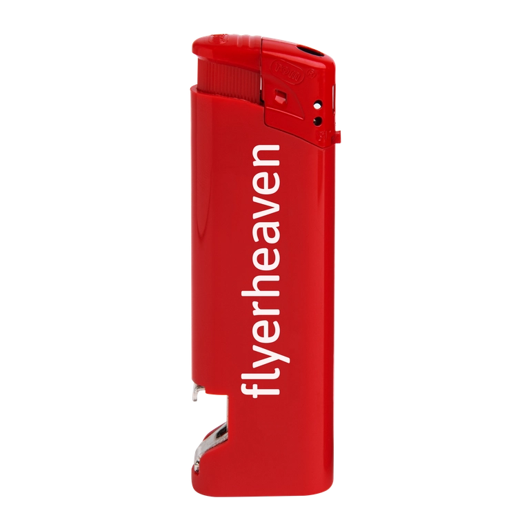 Feuerzeuge mit Flaschenöffner in rot Feuerzeuge mit Flaschenöffner und individualisiert mit Logo in rot