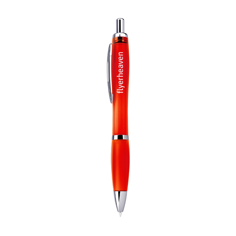 Druckkugelschreiber mit transparentem Kunststoffgehäuse und Metallclip rot Bedruckter Druckkugelschreiber mit transparentem Kunststoffgehäuse und Metallclip rot