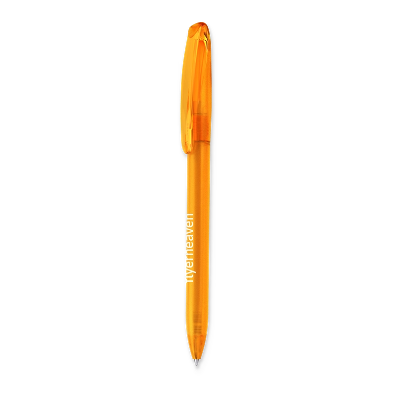 Drehkugelschreiber in Frozen-Optik mit transparentem Gehäuse in orange Bedruckter Drehkugelschreiber in Frozen-Optik mit transparentem Gehäuse in orange