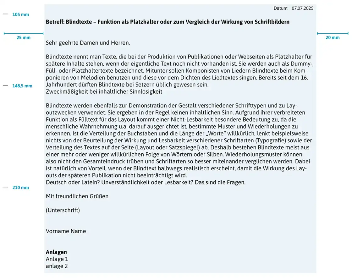 Vorlage für Anschreiben einesGeschäftsbrief Maßgetreue Vorlage zur Gestaltung eines Anschreibens für einen Geschäftsbrief.