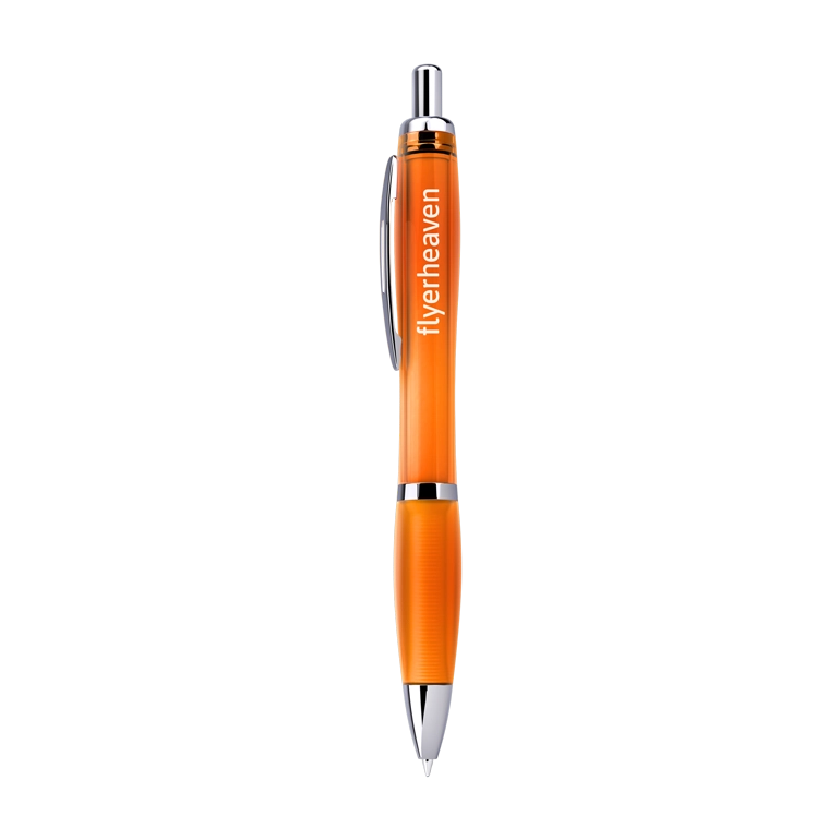 Druckkugelschreiber mit transparentem Kunststoffgehäuse und Metallclip orange Bedruckter Druckkugelschreiber mit transparentem Kunststoffgehäuse und Metallclip orange