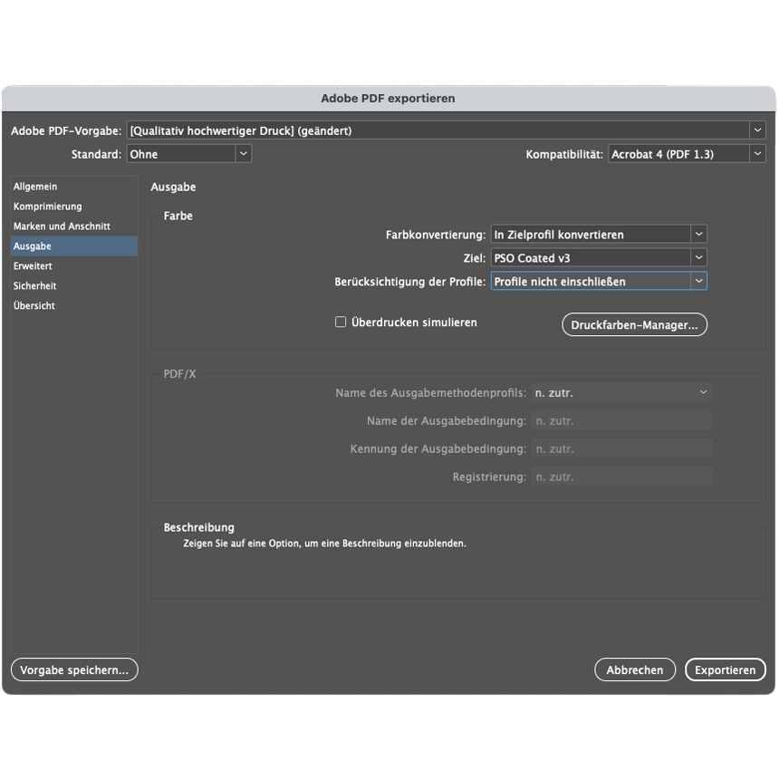 Fenster zur Ausgabe in den Exporteinstellungen von InDesign