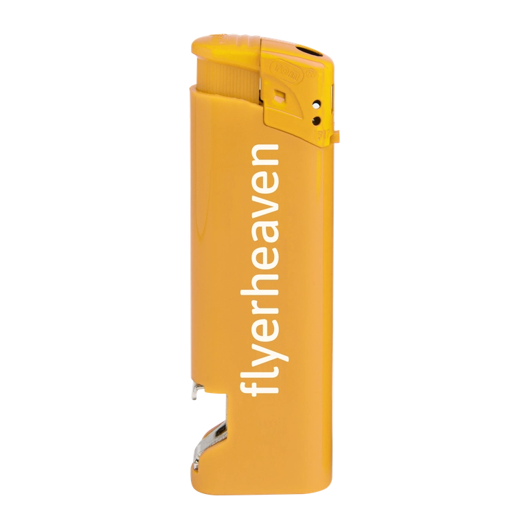 Feuerzeuge mit Flaschenöffner in gelb Feuerzeuge mit Flaschenöffner und individualisiert mit Logo in gelb