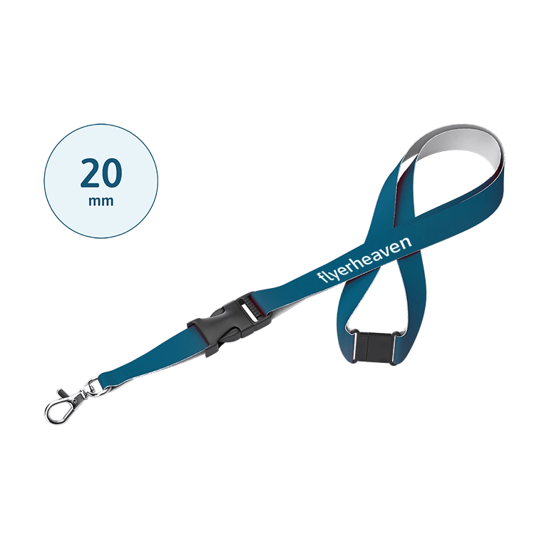 Lanyard mit Steckschnalle und Sicherheitsverschluss im Nacken mit Bandbreite 20 mm Bedrucktes Lanyard mit Steckschnalle und Sicherheitsverschluss im Nacken mit einer Bandbreite 20 mm