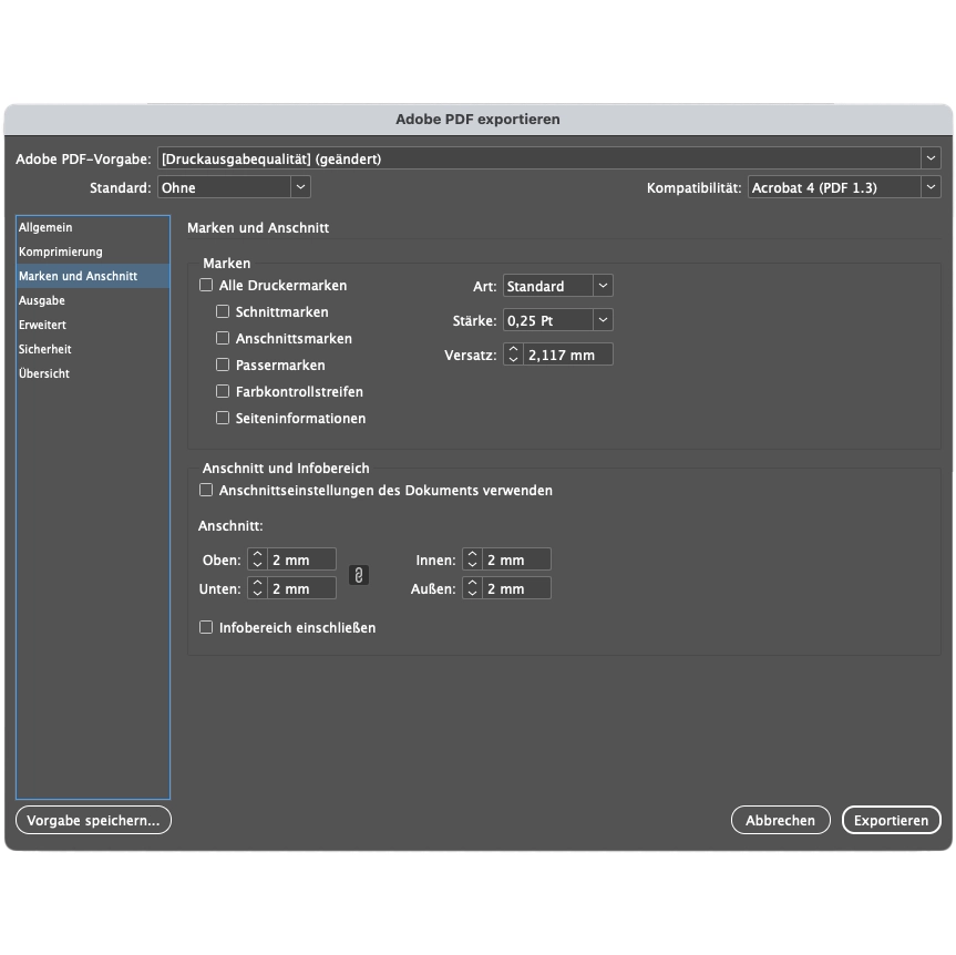 Fenster zu Marken und Ausschnitt der Exporteinstellungen in InDesign