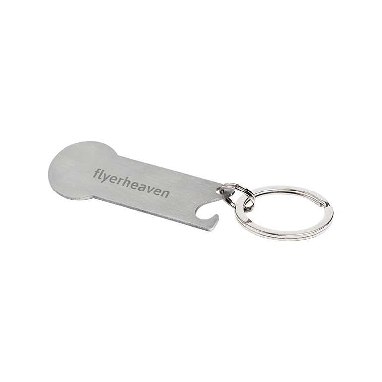 Schluesselanhaenger mit Einkaufswagenloeser und Flaschenoeffner in silber Schluesselanhaenger mit Einkaufswagenloeser und Flaschenoeffner mit Gravur in silber