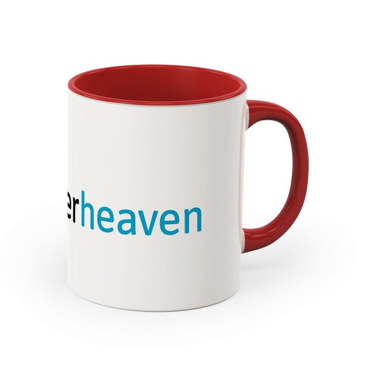 Weiß/rote Tasse mit Fotodruck Bedruckte weiß/rote Tasse mit Fotodruck