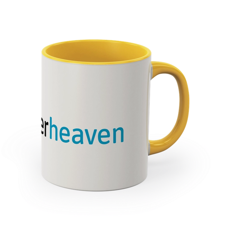 Weiß/gelbe Tasse mit Fotodruck Bedruckte weiß/gelbe Tasse mit Fotodruck