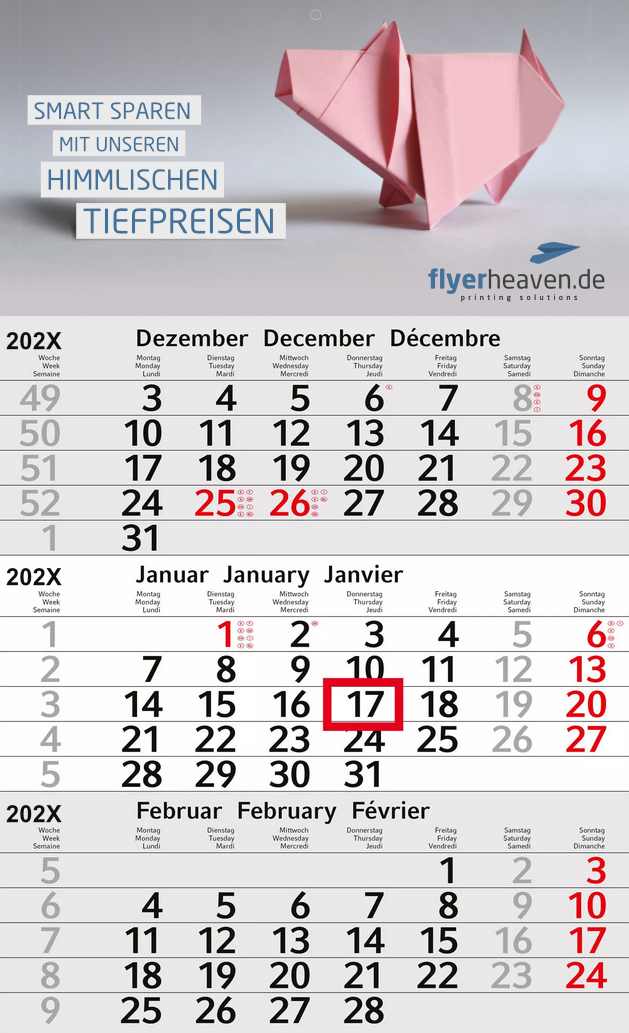 3-Monats-Wandkalender Solid 3