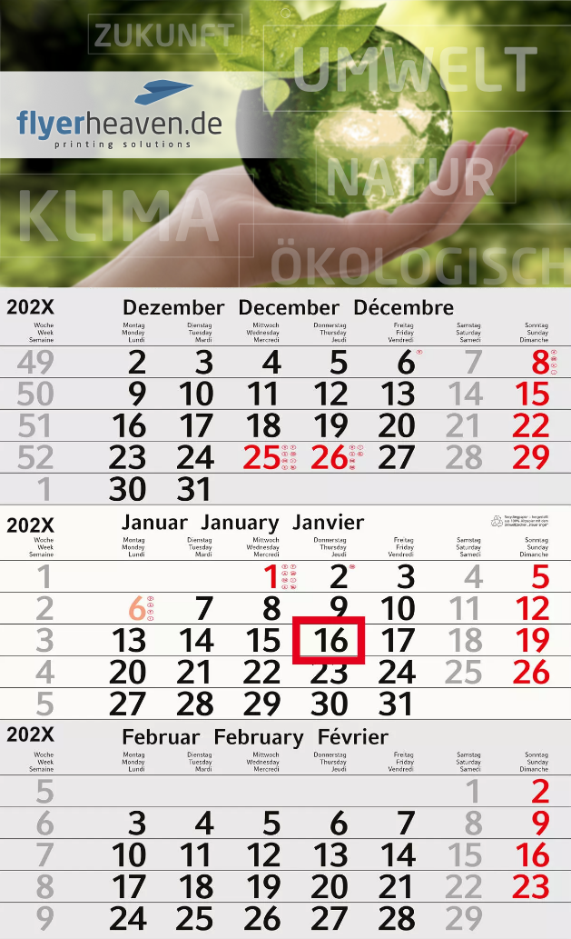 Einblatt-3-Monatskalender (Recycling)