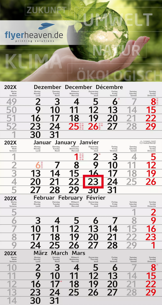 Einblatt-4-Monatskalender (Recycling)