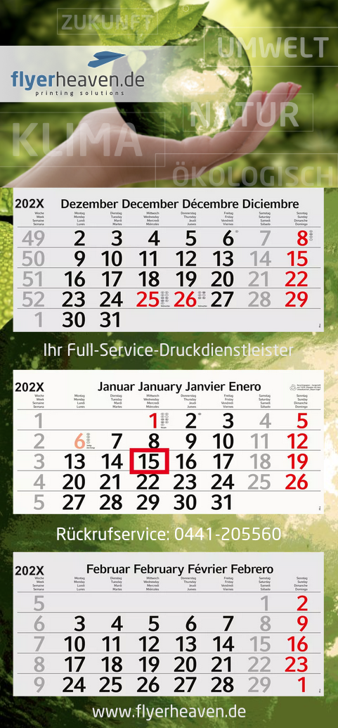 Mehrblock-3-Monatskalender (Recycling)